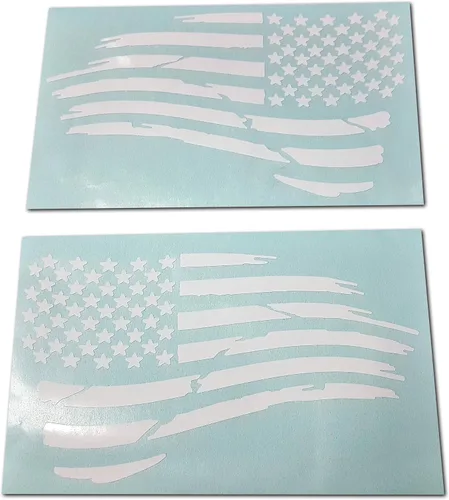Par de calcomanías de bandera estadounidense ondulante troquelada y con tono apagado para auto o camioneta (10,2 cm x 17,8 cm, blanco brillante)