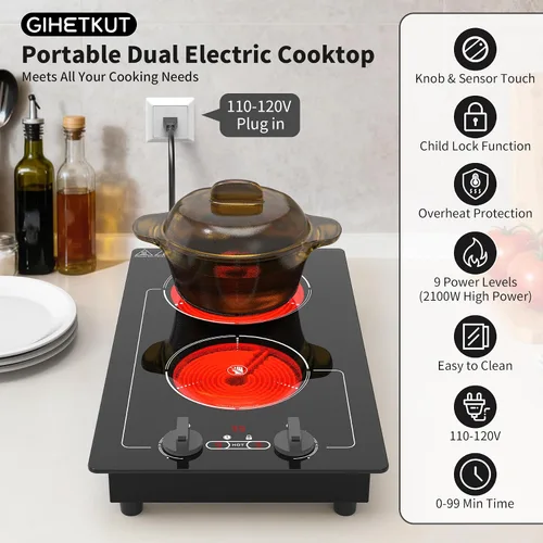 Miniatura 3 de GIHETKUT - Placa de cocina eléctrica, 110V 2100W, 9 niveles de potencia, 2 quemadores, control de botón y táctil, bloqueo para niños y temporizador