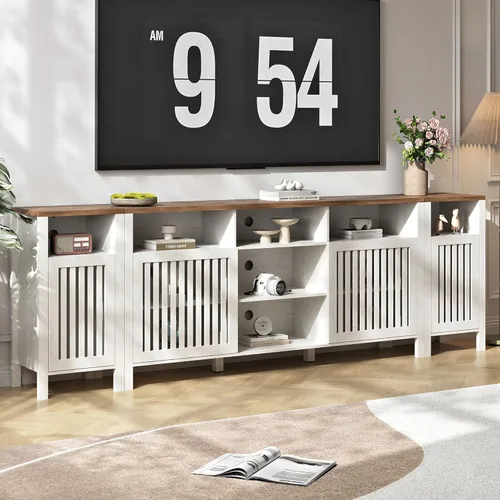 Miniatura 8 de BVIUNTWO - Soporte de TV Farmhouse marrón con puertas con rejilla, 5 compartimentos de almacenamiento abiertos, consola multimedia de 65