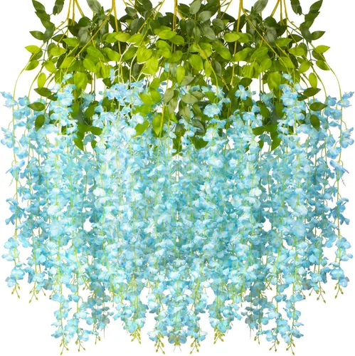 Miniatura 11 de AITISOR Paquete de 12 flores artificiales de seda, glicinia, vid de ratta, flores colgantes (azul)