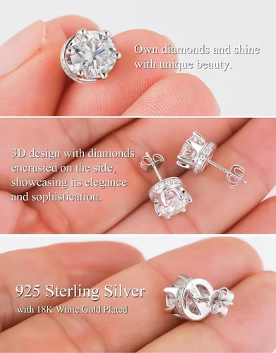 Miniatura 5 de 4.5CT Genuine Moissanite Solitaire Crown Stud Earrings for WomenD Color VVS1 Round Cut Simulated Diamond Flat Back Hidden Halo Earrings S925
