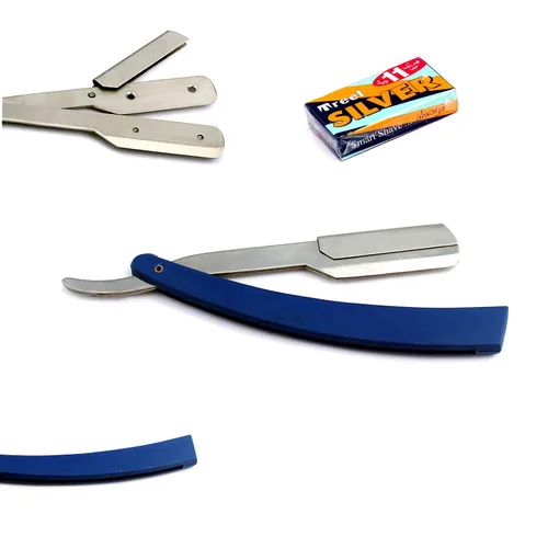 Miniatura 2 de OdontoMed2011® Rastrillos profesionales rectos de acero con borde de barbero plegable para afeitar, rastrillo de afeitado doble (mango negro)