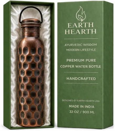 Miniatura 7 de Botella de agua de cobre puro de alta calidad de 32 onzas, diseño martillado, botella ayurvédica a prueba de fugas, hecha a mano, ecológica