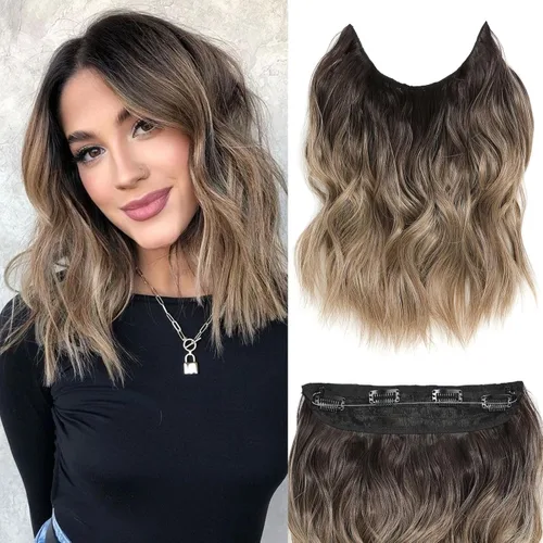 Miniatura 32 de Extensiones de cabello con halo de 12 pulgadas con alambre invisible, cabello largo ondulado ajustable, sintético, mejora con 4 clips de seguridad