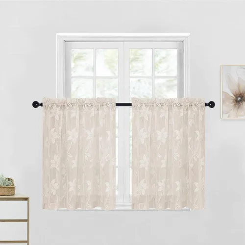 DWCN Cortinas traslúcidas para cocina, bolsillo para barra de encaje floral beige, 52 x 36 pulgadas, 2 paneles Encaje Beige