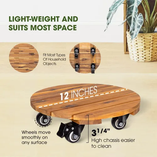 Miniatura 4 de Idzo Paquete de 2 cajas de madera de 12 pulgadas con ruedas resistentes, capacidad de 264 libras, plataforma de madera dura de acacia, soporte