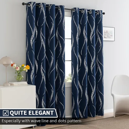 Miniatura 2 de Yakamok Cortinas opacas para sala de estar, cortinas de 84 pulgadas de largo, cortinas onduladas azul marino y plateado con patrón, cortinas de Azul