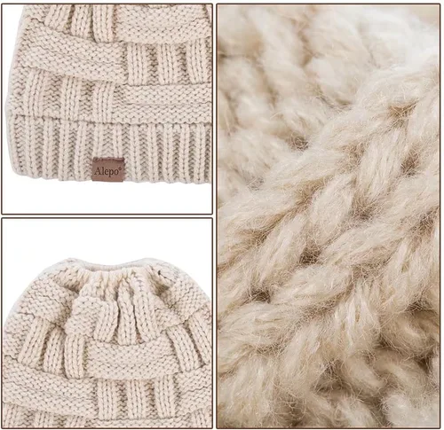 Miniatura 6 de Alepo Womens High Messy Bun Beanie Hat with Ponytail Hole, Winter Warm Trendy Knit Ski Skull Cap