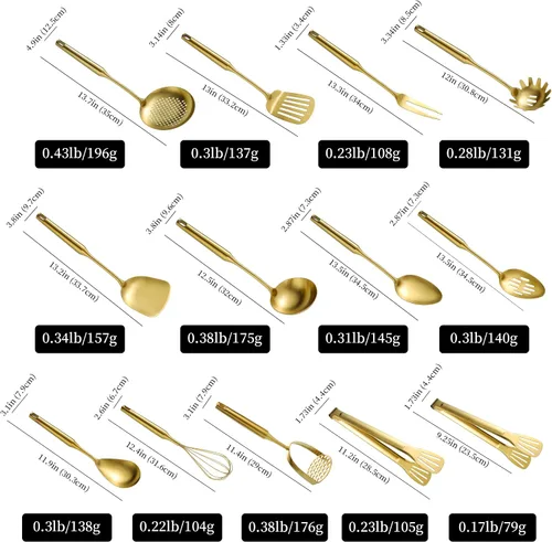 Miniatura 8 de Utensilios de cocina dorados para cocinar, 13 unidades, acero inoxidable, cuchara ranurada sólida, tenedor, espátula, cucharón, espumador, afinador