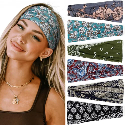 Huachi Diademas para mujer, diademas elásticas bohemias para el cabello de mujer, antideslizantes, anchas y gruesas, de tela suave, accesorios para