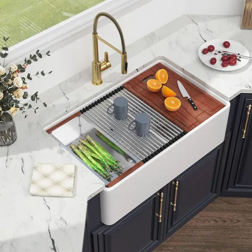 Miniatura 10 de Kichae 33 Farm Sink Double Bowl - Delantal de fregadero de granja de 33 pulgadas, delantal frontal de doble tazón, acero inoxidable 50/50, calibre