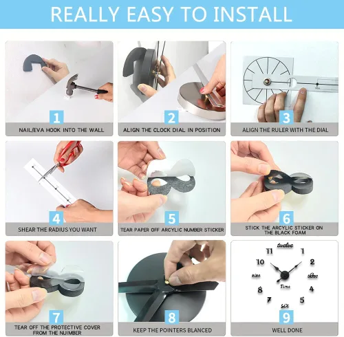 Miniatura 9 de Moderno reloj de pared grande sin marco, funciona con pilas, espejo 3D, relojes de pared decorativos para decoración de sala de estar (negro)