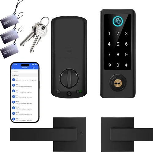 BEBASIA Cerradura de Puerta Inteligente con Huella Digital con Juego de Manijas, Control Total por App, Teclado Táctil Digital Electrónico, Negro