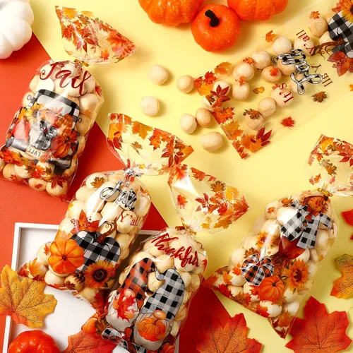Miniatura 4 de 200 bolsas de regalo de Acción de Gracias, bolsas de celofán de otoño, bolsas de golosinas a cuadros de otoño, hojas de arce, calabaza, bolsas