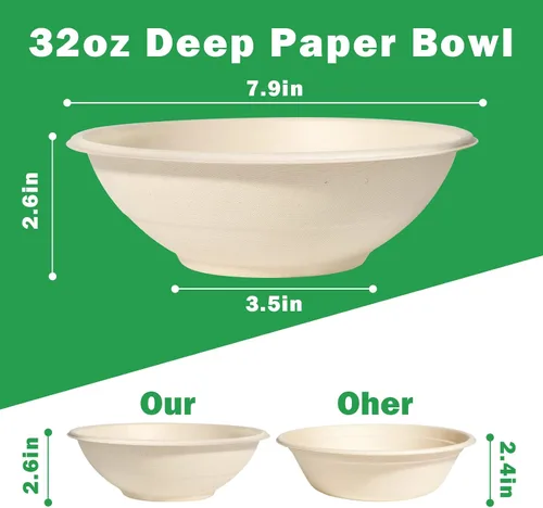 Miniatura 7 de Cuencos de papel grandes de 32 onzas, paquete de 50 unidades, resistentes, biodegradables y aptos para microondas, cuencos de bagazo ecológicos
