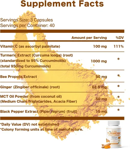 Miniatura 6 de Curcumina de cúrcuma 95 1000 mg, 95% complejo de curcuminoides con propóleo de abeja y bioperina, 120 cápsulas, suplemento de apoyo
