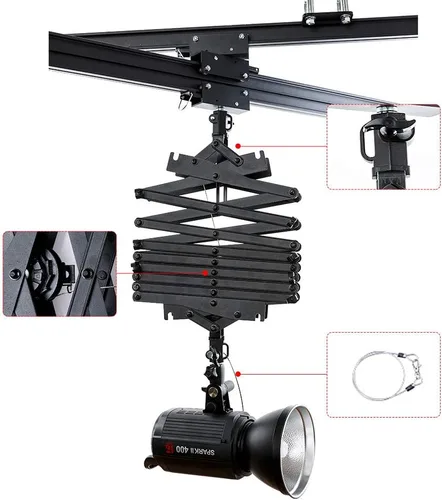 Miniatura 4 de DATOUBOSS Pantógrafo de caída de 2M para estudio de fotografía, sistema de riel de techo, kit de pantógrafo fotográfico con polea, accesorios