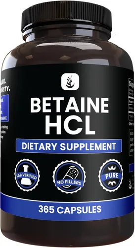 PURE ORIGINAL INGREDIENTS Betaína HCL (365 cápsulas) sin magnesio o rellenos de arroz, siempre puro, verificado por laboratorio