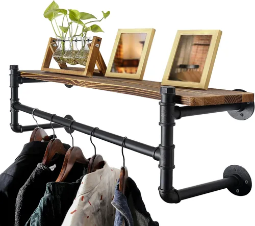 Miniatura 17 de WEBI Perchero de pared con estante, perchero industrial de 24 pulgadas con estantes, barra de ropa de hierro resistente, barra de ropa de exhibición
