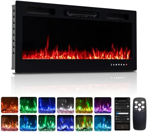 Miniatura 8 de ROVSUN - Inserto de chimenea eléctrica de vidrio de 3 lados de 1400W con control remoto, chimenea eléctrica de 28'' para pared y empotrar
