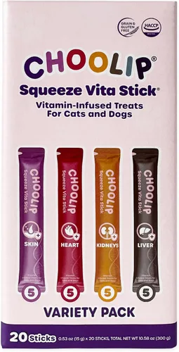 Miniatura 10 de Choolip Squeeze Vita Stick - Golosinas lamibles para gatos y perros, paquete variado de 7 unidades, puré cremoso con multivitaminas