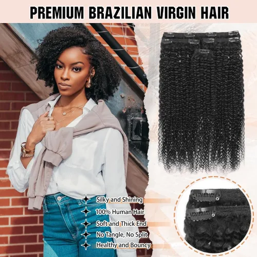 Miniatura 4 de 4 piezas de extensiones de cabello rizado afro con clip, 12 pulgadas 60g negro natural, encaje invisible sin costuras y espesor, 4B 4C clip