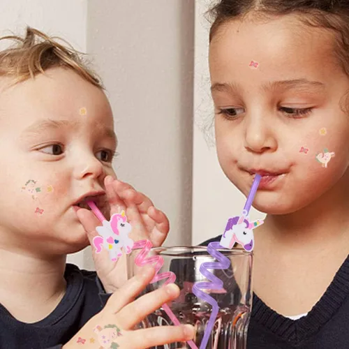 Miniatura 7 de 24 pajitas de plástico reutilizables de unicornio + 6 tatuajes temporales para niñas Suministros para fiesta de cumpleaños – Decoraciones