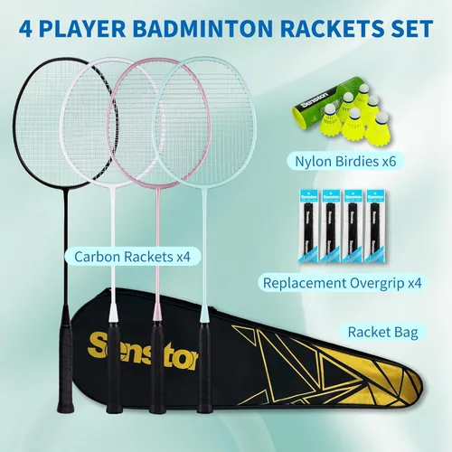 Miniatura 5 de Senston Juego de 4 raquetas de bádminton profesionales, fibra de carbono, 6 volantes, 4 agarres y bolsa para juegos de patio trasero 3.17 oz