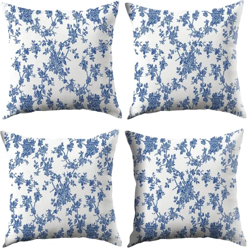 LOVOUS Juego de 4 fundas de almohada decorativas de lino con estampado floral azul vintage de 18 x 18 pulgadas para cama, sofá, dormitorio, sala de