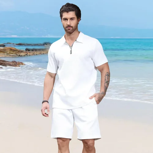 Miniatura 2 de Aulemen Conjunto deportivo de 2 piezas con cremallera para hombre, manga corta, camiseta polo y pantalones cortos, conjuntos de verano para hombre