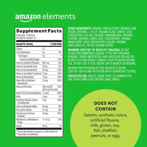 Miniatura 2 de Amazon Elements - Multivitamínico orgánico para hombre, 90 gomitas (3 gomitas por porción), vegetariano, sin gluten, certificado orgánico