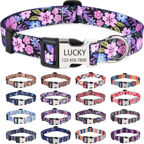 Collares de perro personalizados – Collar floral personalizado con nombre y número de teléfono – Tamaños ajustables para perros pequeños, medianos y