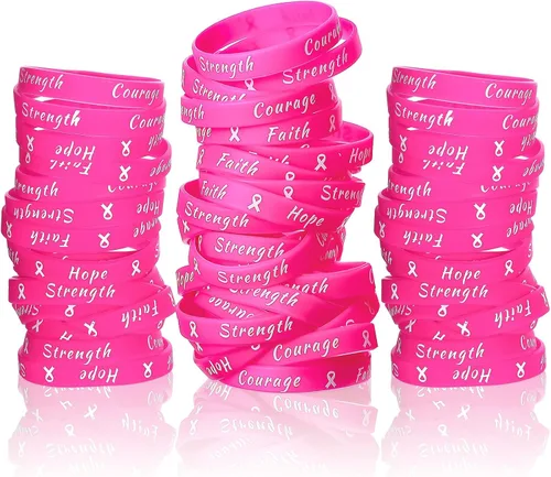 Miniatura 7 de Sratte 60 pulseras de cinta rosa para concientización sobre el cáncer de mama, pulseras de goma para mujeres, fiestas, eventos públicos