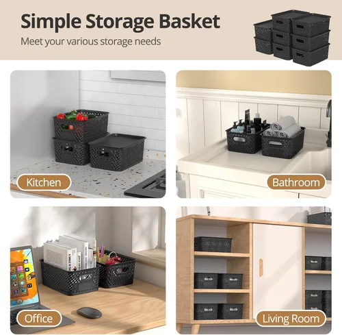 Miniatura 5 de Contenedores de almacenamiento de plástico con tapa, cesta pequeña apilable para organización y contenedores para estantes, cajones, escritorio