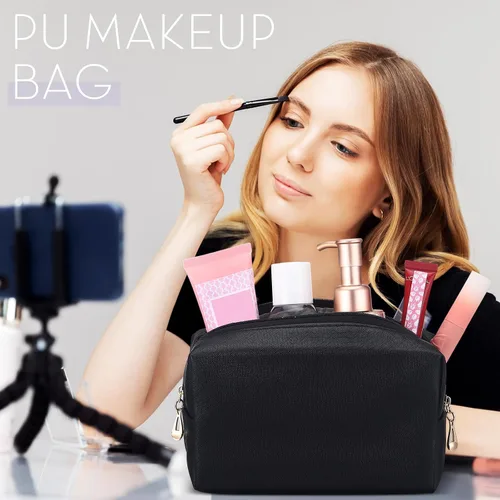 Miniatura 6 de Kigeli 15 piezas de bolsas de maquillaje estéticas, bolsas de cosméticos de cuero PU impermeables, bolsas de aseo lisas, bolsas de maquillaje a
