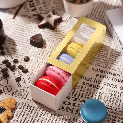 Miniatura 4 de 30 cajas de macarons para 4 o 5 macarons, cajas de regalo doradas para macarons, cajas de dulces, caja de macarons con ventana transparente