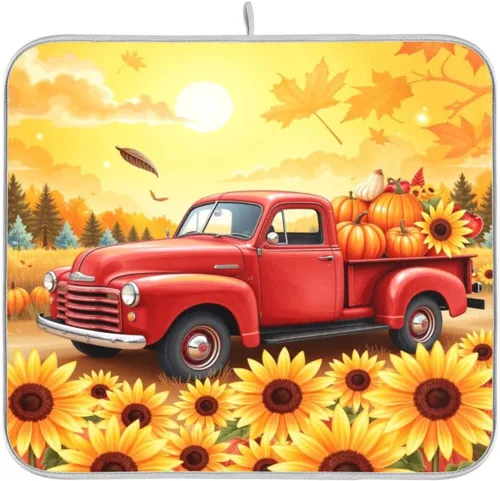 Miniatura 8 de Tapete de secado de platos de camión de otoño de 16 x 18 pulgadas, hojas de otoño, calabaza, girasol, almohadilla de secado de platos, protector