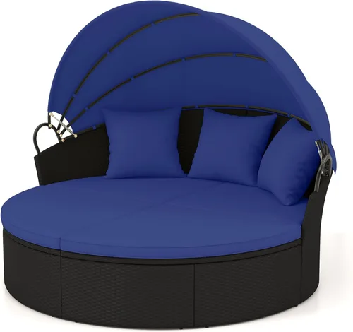 Miniatura 15 de HAPPYGRILL Sofá cama al aire libre con toldo, sofá modular de mimbre de ratán con mesa auxiliar, cojines, juego de conversación de patio para Gris