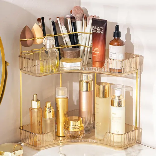 NATURE'S SOURCE Organizador de maquillaje para tocador, organizador de baño de esquina de 2 niveles con soporte para brochas de maquillaje,