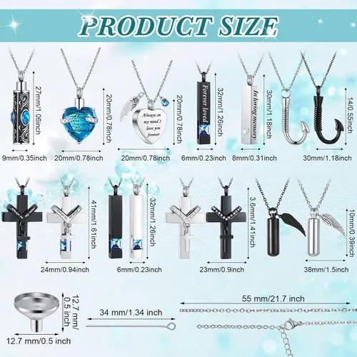 Miniatura 44 de 16 piezas de collar de urna para cenizas, medallón de cenizas talladas de acero inoxidable impermeable con 8 kit de relleno, cilindro de corazón