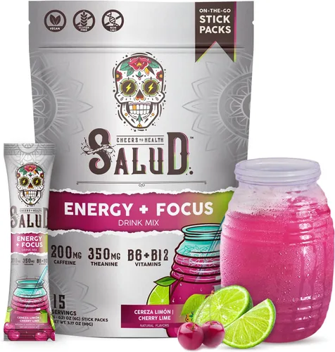 Salud 2-en-1 Polvo para Bebida Energética + Enfoque, Sabor Cereza Lima, Cafeína Orgánica, B6 + B12, Teanina, Paquetes de Bebida Energética Limpia,