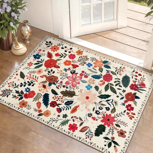 Miniatura 175 de Tangsoo Alfombra lavable para pasillo, antideslizante, 2 x 6 pies, estilo bohemio, floral, vintage, para entrada, suelo suave, para cocina, baño