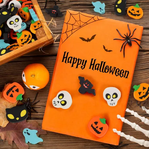 Miniatura 7 de AIQINHU Borradores de Halloween para niños a granel, 50 piezas grandes de Halloween, calabaza, fantasma, cráneo, murciélago, borradores para truco