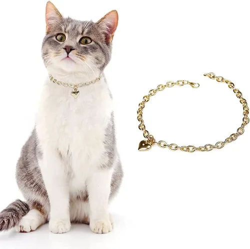 Miniatura 2 de HOWWFALY Collar para Perro y Cadena Collar para Gato de Acero Inoxidable Ajustable Collar en Forma de Corazón de Oro 18K para Mascotas Pequeñas