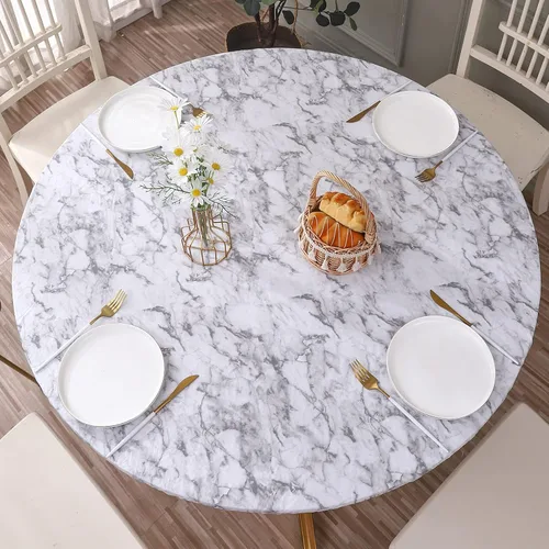 Miniatura 24 de Walrus Mantel redondo de vinilo ajustable con respaldo de franela, diseño de borde elástico, cubierta de mesa impermeable, a prueba de aceite