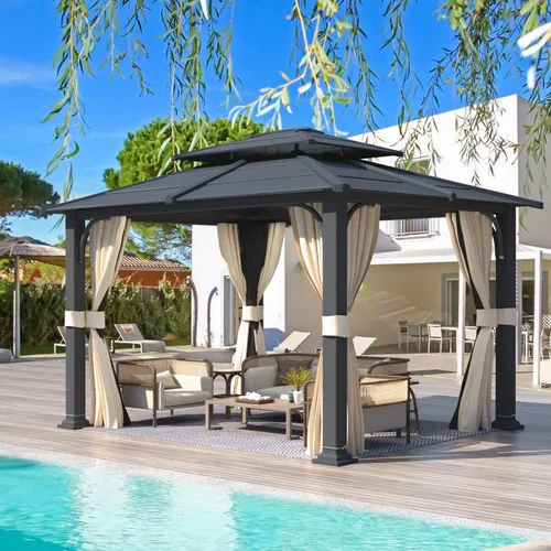 Miniatura 13 de YOLENY Cenador de techo rígido de 12 x 10 pies, toldo para exteriores, techo de acrílico y acero galvanizado, marco de aluminio con cortinas y red