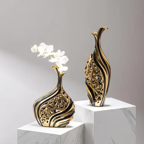 Miniatura 5 de LCCCK Jarrón moderno de cerámica, 19.6 pulgadas de alto, oro negro, ideal para hierba de las pampas y arreglos florales individuales, jarrón