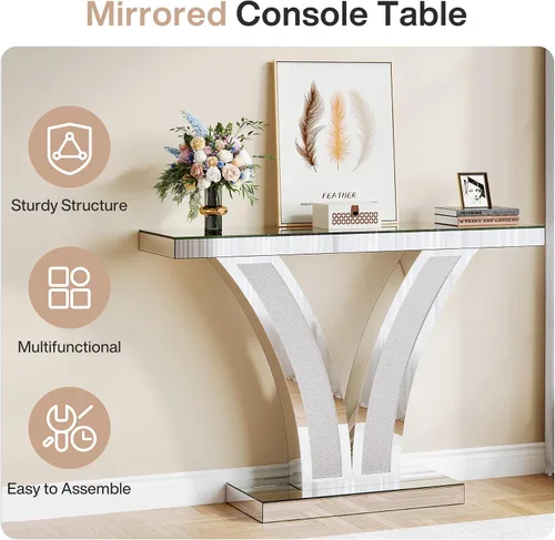 Miniatura 5 de Tribesigns Mesa de consola con espejo, moderna mesa de sofá de entrada plateada con marcos de incrustaciones de cristal para sala de estar, pasillo