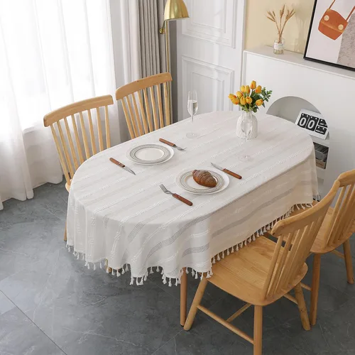 Miniatura 15 de Gernaice Mantel bordado de rayas rústicas y pequeñas con borlas cuadradas de algodón y lino, sin arrugas, lavable, para mesita de noche, café, Blanco