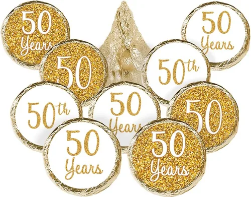 DISTINCTIVS Calcomanías doradas de beso del 50 aniversario – 180 unidades – 4 diseños únicos – recuerdos de fiesta de boda y aniversario de negocios